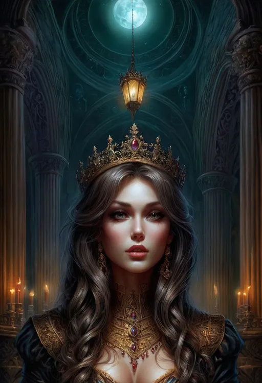Prompt: inside a fantasy castle at night, a dark fantasy airbrush painting by Jeff Easley, deviantart contest winner, official art, featured on amiami, promotional artwork, ↑ ★★★★☆ ✦✦✦✦✦