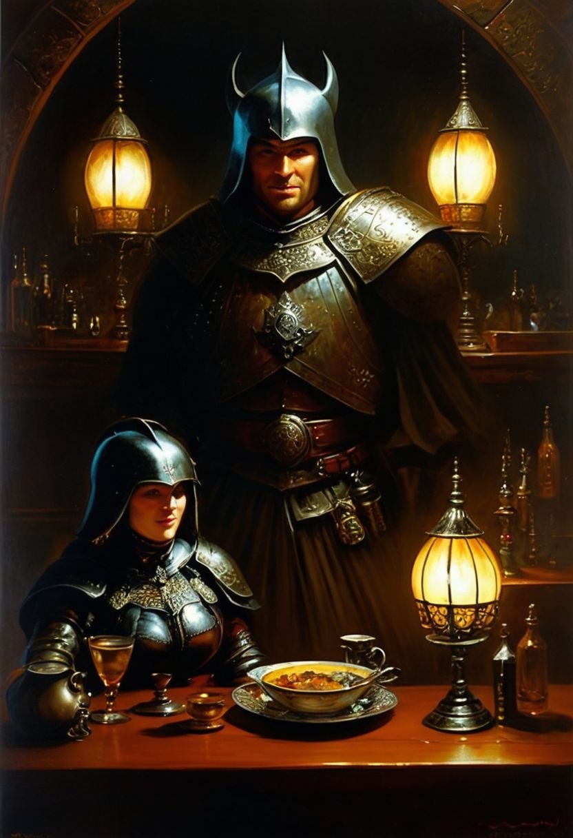 Prompt: dark fantasy knight sitting in tavern,  armoured clothing, drinking, eating, laughing ,the light is good in the middle of tavern, cosy fire, oil painting by Gerald Brom, by Frank Frazetta, TIFF