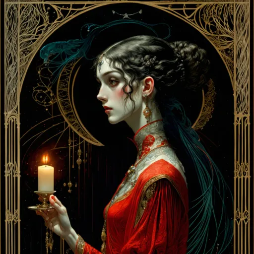 Prompt: a woman with a candle in her hand, detailed crimson moon by Harry Clarke, side profile artwork, scottish folklore, beautiful as the moon, taschen