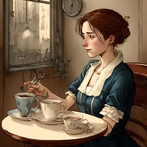 Prompt: best quality, a woman sitting at a table with a cup of coffee, early 20s, noir, comixology, mechanic, art colouring : roberto bernardi, 1950s aesthetic, a steampunk city