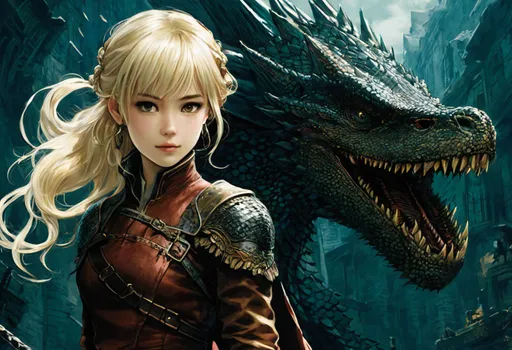 Prompt: a woman with a dragon on her shoulder, drogon, manga front cover, blonde - haired princess, by Akihiko Yoshida, Eiichiro Oda, artbreeder, ↑ ★★★★☆ ✦✦✦✦✦, taschen, TIFF