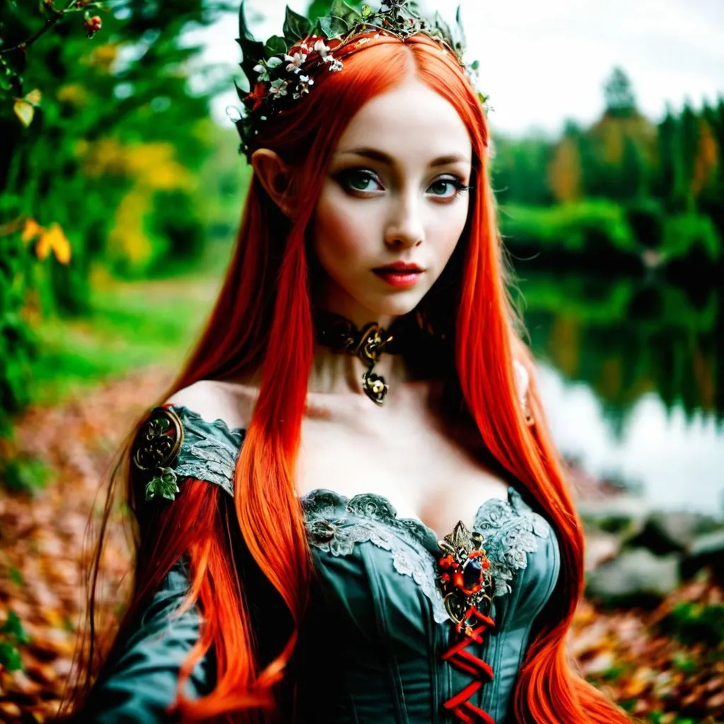 Prompt: a woman with long red hair posing for a picture, very beautiful elven top model, dark grey and orange colours, gown, lovely dark autumn princess, russian clothes, realistic cosplay, female elfling, leading to a beautiful, a beautiful woman with long
