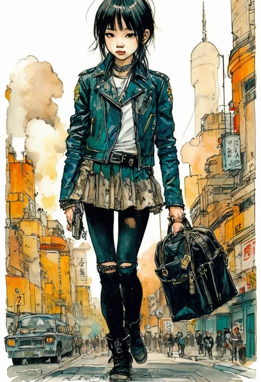 Prompt: a drawing of a japanese young j-pop idol girl wearing leather jacket, miniskirt, paul pope, pen and coloured inkwash, punk, TIFF