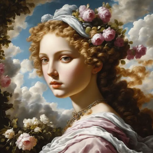 Prompt: a baroque fine art painting of a (woman) in a stunning landscape, ((oil on canvas)) by ((Guercino)), ultra sharp, blissful gaze, highly detailed, smiling, happy, gorgeous playful baroque hairstyle, falling in love, Isabella, square image, centred, Burlington Magazine, TIFF, absurd res