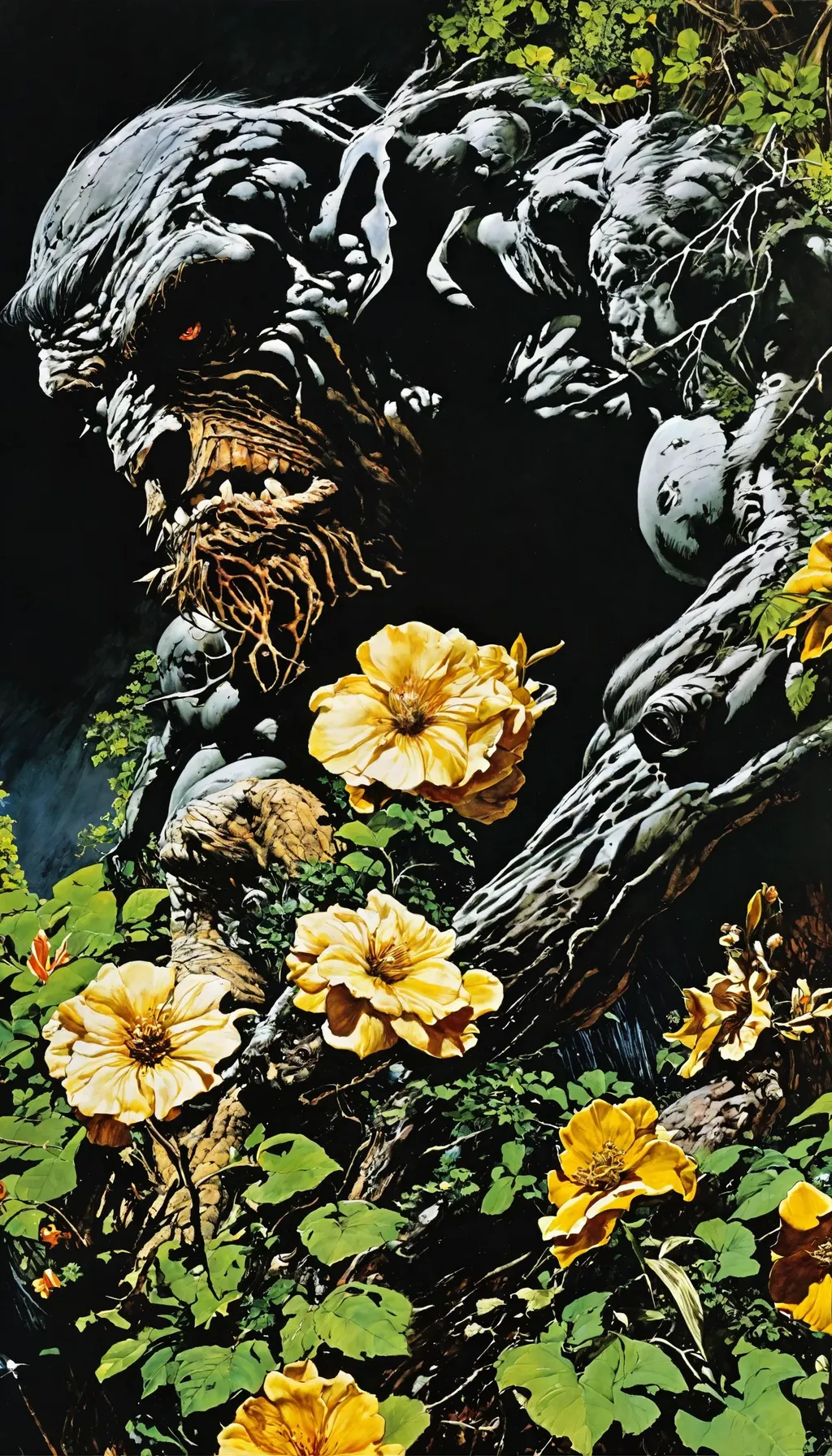 Prompt: by Bernie Wrightson, great level of detail, full art, surreal waiizi flowers, solo portrait 🎨🖌️, giraud, inspired by Neal Adams, menacing pose, by Patrick Woodroffe, a detailed painting