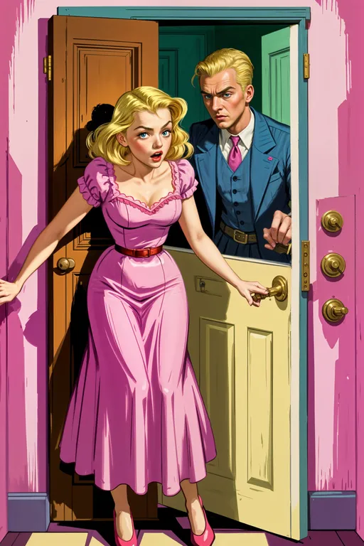 Prompt: 1950s pulp style art, dramatic lighting, blonde haired woman in a pink nightgown with fearful expression, man forcing door open, suspenseful scene, bold colors, retro illustration