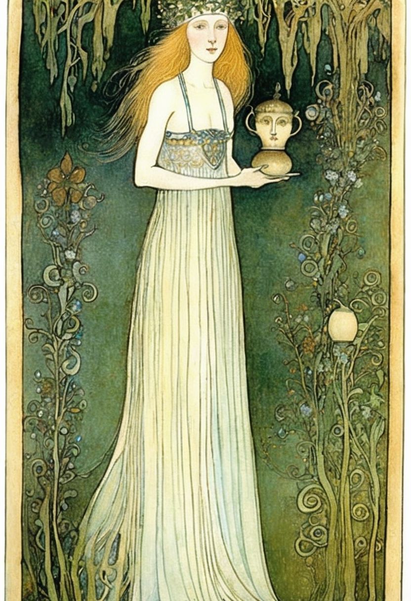 Prompt: a woman in a white dress holding a vase, a storybook illustration, inspired by John Bauer, pinterest, detailed color scan”, humanoid flora, salome, maria panfilova