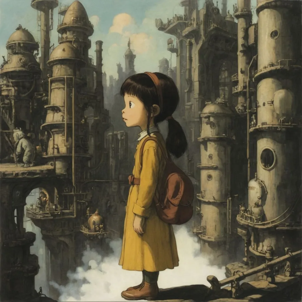 Prompt: a woman engineer, by Mamoru Oshii and Maurice Sendak, in the style of The City of Lost Children