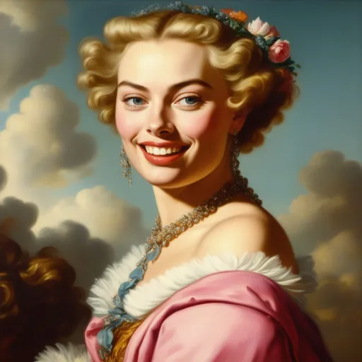 Prompt: Gorgeous Frans Hals' high detail picture of (Margot Robbie), vibrant, oil on canvas, lush, beautifully lit, square image, centered, masterpiece