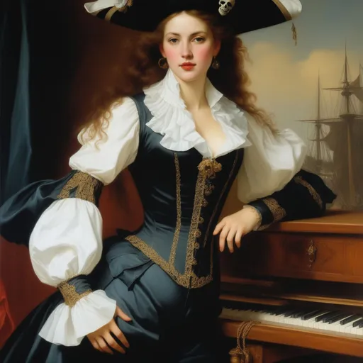 Prompt: Willem van der Velde's oil depiction of a woman pirate, (fantasy pirate aesthetic), (pirate costume), tight corset, leather, professional, taschen