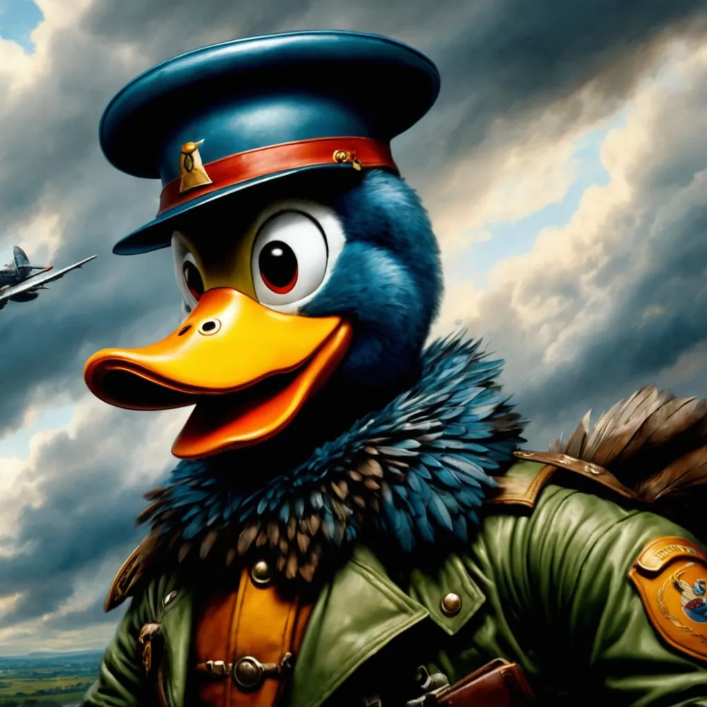 Prompt: Disney style duck character, anthropomorphic duck, World War II, aerial combat, stormy skies, weathered aviator uniform, battered planes, roaring engines, anti-aircraft fire, enemy fighters, terse commands, determination, skill, feathers ruffled, intense action, squadron formation, grimacing expression, distinctive voice, aerial maneuvers, chaos, by mooncryptowow