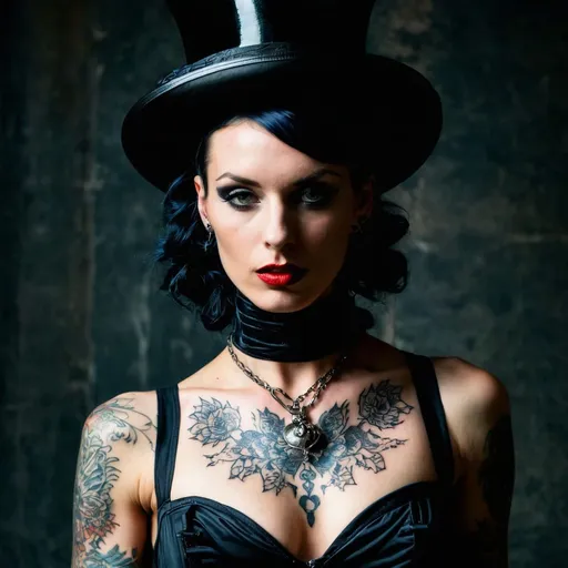 Prompt: a woman wearing a top hat and holding a purse, very beautiful goth top model, dark tattoo, prisoner, slick clammy skin, latex, is at dawn and bluish, stiff necked, tattooed, avant uniform, asylum, exposed torso, devoted