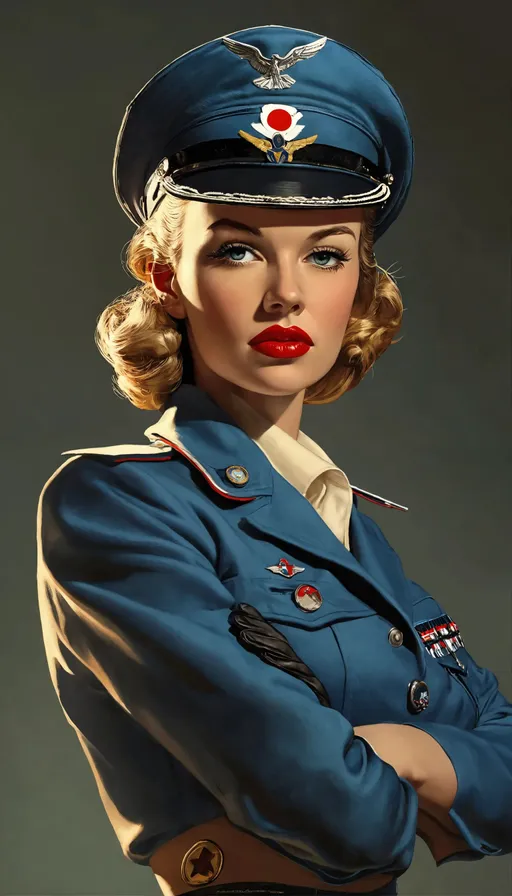 Prompt: World war 2 female air force captain, pilot cap, gloves, highly-detailed symetric face art by Brian Bolland and Gil Elvgren, taschen, TIFF