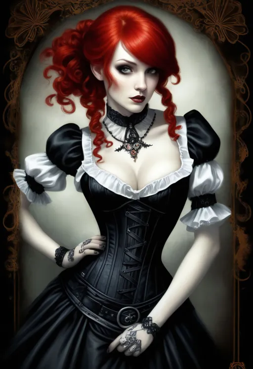 Prompt: a woman with red hair wearing a black and white corset, a character portrait by Dirk Crabeth, deviantart, gothic art, gothic, steampunk, goth, TIFF