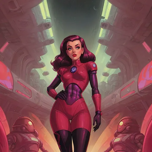 Prompt: (xxinkyxx:1.3), zrpgstyle, (artwork:1.2), a woman standing in front of a spaceship, retrofuturistic female android, in a red dream world, inspired by George Bogart, time travelers appear in a park, hardcore techno, high detailed cartoon, passengers, retro 5 0 s style, psytrance, vril, caravan