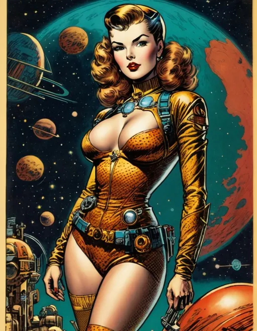 Prompt: space pirate woman by Milton Caniff, 1940s pulp sci-fi aesthetic, vivid full colour, taschen, TIFF