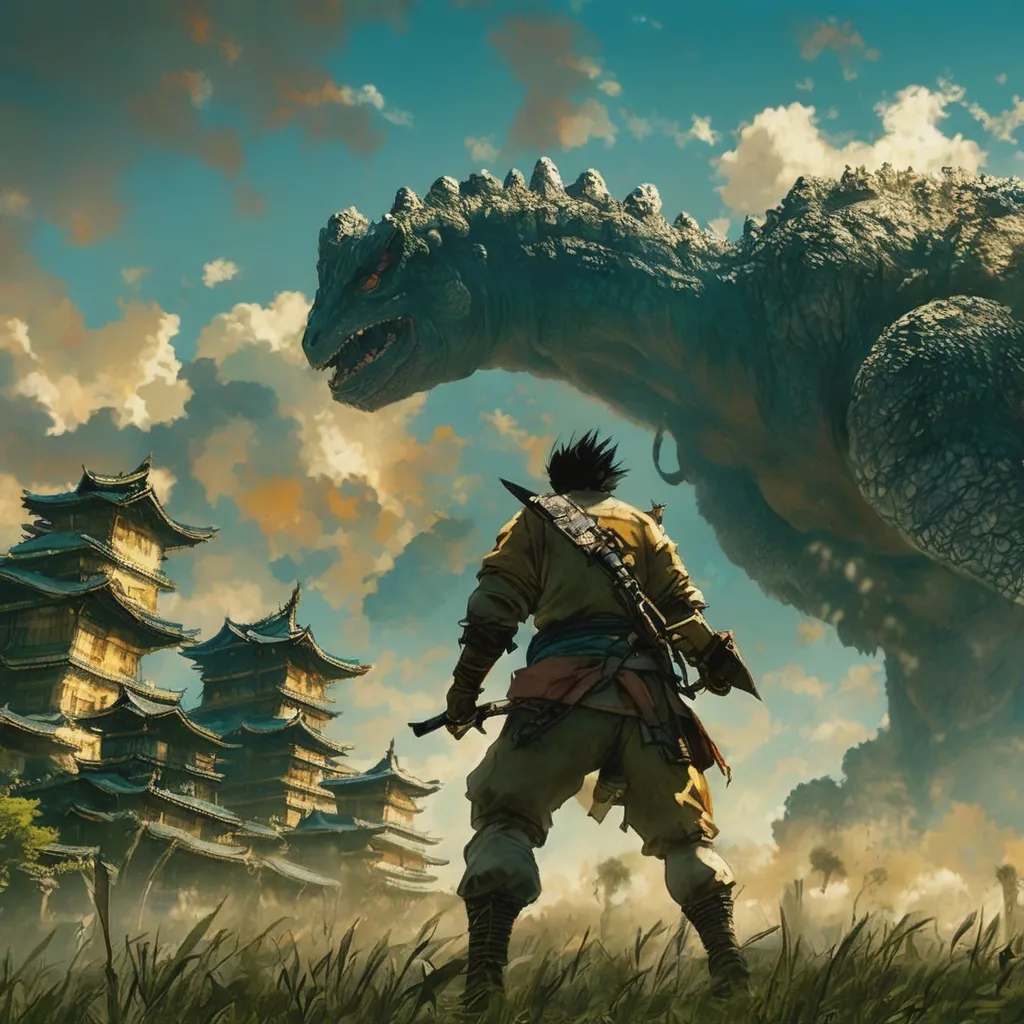 Prompt: a man standing in front of a giant dinosaur, by Yang J, fantasy art, samurai, 4 k vertical wallpaper, akira toriyama studio ghibli, hq 4k phone wallpaper