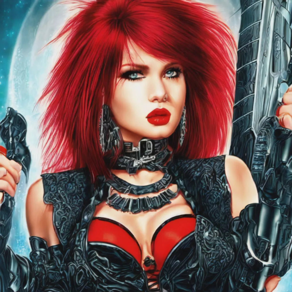 Prompt: style of Luis Royo, cute black-and-red haired goth girl, highly detailed, ultra sharp, 8k uhd