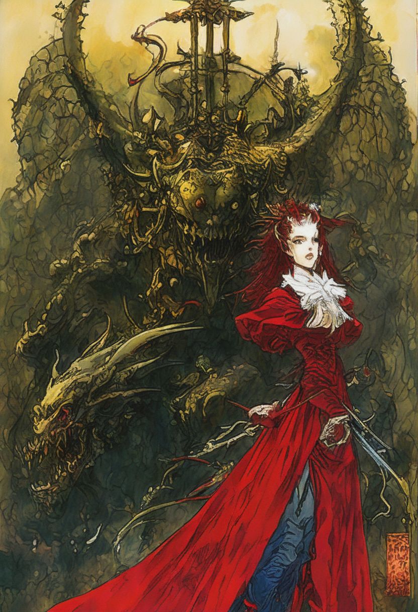 Prompt: a painting of a woman in a red dress holding a sword, inspired by Yoshitaka Amano, pixiv contest winner, fantasy art, detailed steampunk illustration, dangerous mephisto from faust, detailed cover artwork, style of lois royo