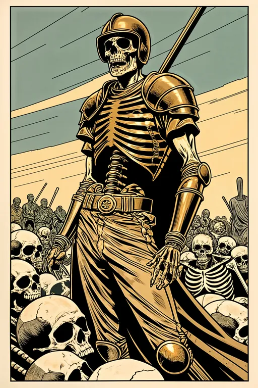 Prompt: 1970s retro comic book style: a baseball player in brass armor,, surrounded by skeletons rising from the dead. A woman in a toga looms in the background, evoking Troika games' eerie vibe and a gritty, surreal 70s screencap, surreal 70s screencap feel