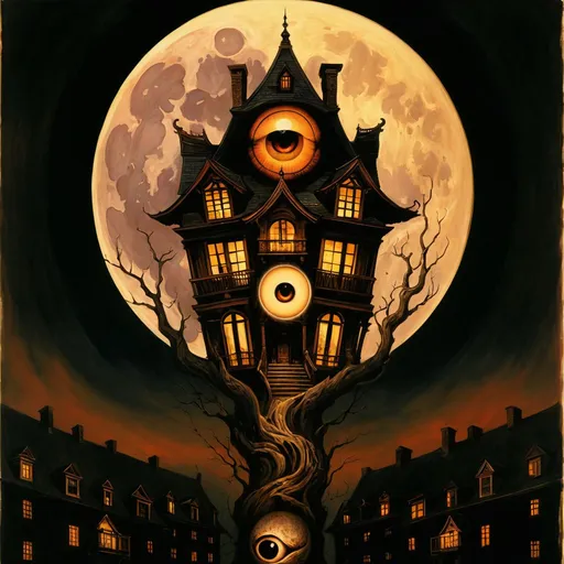 Prompt: by amano, a painting of a building with a giant eyeball on top of it, by Charles Addams, psychedelic art, in front of a full moon