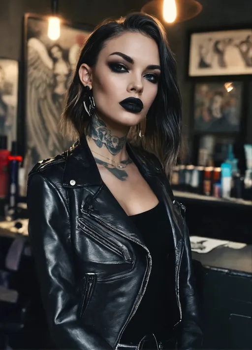 Prompt: a woman in a leather jacket posing for a picture, tattoo parlor photo, dark make up, arik roper, images on the sales website, in 2 0 1 8, render of april, sabina klein, perfect face and body, tall female angel, felix englund, with grey skin, dark lips