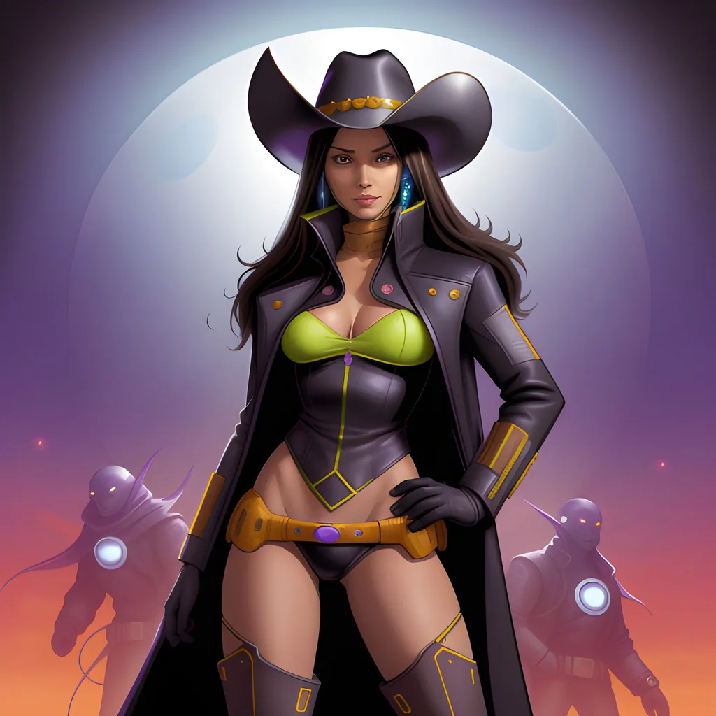 Prompt: xxinky25xx, zrpgstyle, full body Cowgirl in futuristic sci-fi setting, cowboy hat,  high-tech materials, detailed cowgirl outfit with leather duster trenchcoat, overcoat, intense and confident expression, alien planet, alien animals, bionic inplants on the face, high-res, ultra-detailed, sci-fi, laser guns, sciborg, futuristic, cowgirl, high-tech, detailed outfit, atmospheric lighting