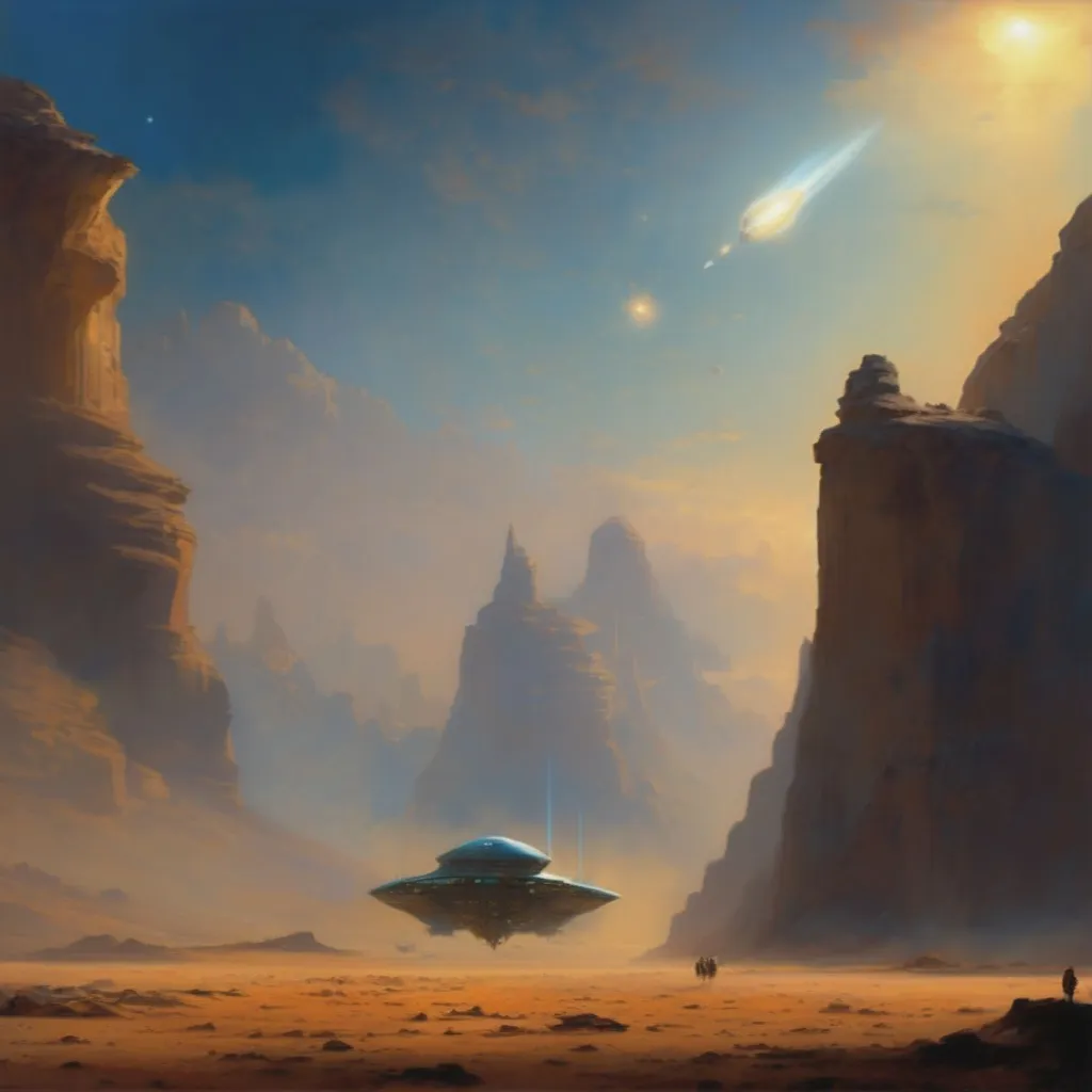 Prompt: a painting of a spaceship flying over a desert, a detailed matte painting, by jessica rossier, space art, andreas rocha and john howe, starship in background, 4 k detail fantasy, style of jim burns