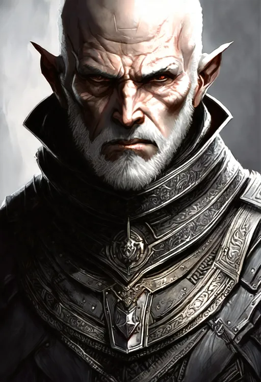 Prompt: a close up of a person with a beard, a character portrait, inspired by Aleksandr Gerasimov, Artstation contest winner, fantasy art, portrait of a mad general, dark grey haired man, high detail illustration, bald orc mechanic