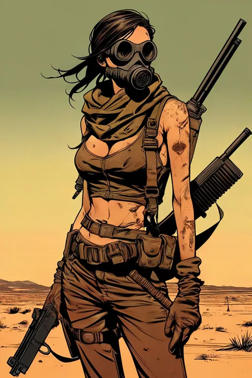 Prompt: A gritty woman wasteland scavenger, gas mask on, bandolier across her chest, gripping a rifle firmly. Ultra-sharp detail, capturing a desolate post-apocalyptic landscape. Inspired by the bold styles of Francesco Francavilla, Frank Miller, and others. Vivid, high-definition, trendsetting like on ArtStation and Behance