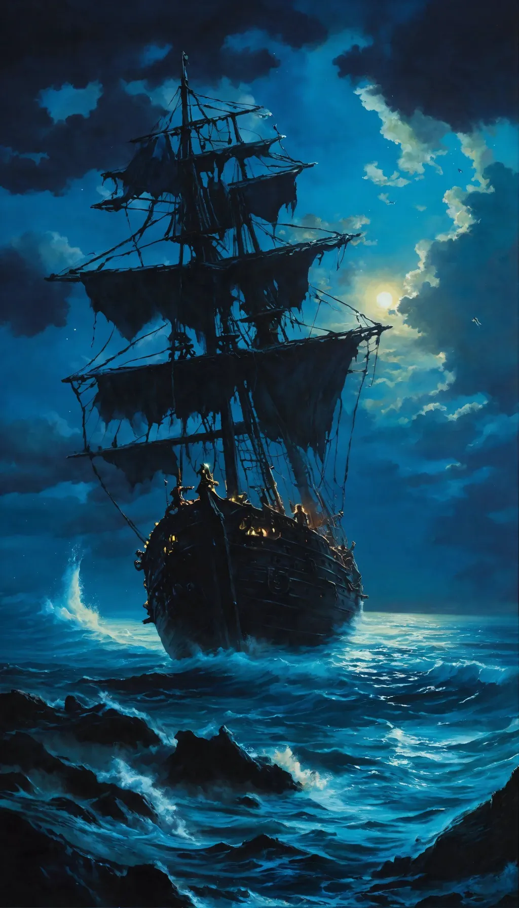 Prompt: a painting of a ship in the ocean at night, in style of anne stokes, near the black cauldron, mark brooks detailed, epic matte painting of an island, the secret of monkey island, intricate oil painting detail, the flying dutchman, avatar ( 2 0 0 9 )