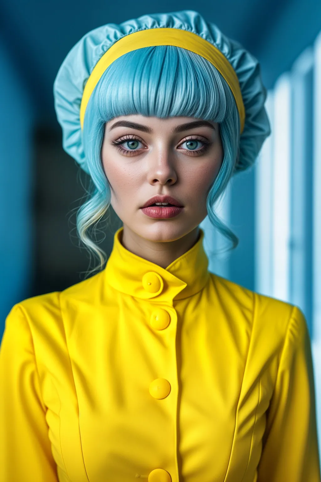 Prompt: dreamscape extravagant photo of a nurse quirky female wearing yellow, photogenic face, friendly looking, closed lips, subtle smirk, feminine jawline, character in bright yellow nurse outfit, makeup, pink and baby blue hair, detailed skin & clothes textures, wearing blue rubber gloves, hyperrealistic, High Fashion, Luxurious Elegance, scifi corridor background, highly detailed clothing, shot on 50mm lens with ultra sharp focus