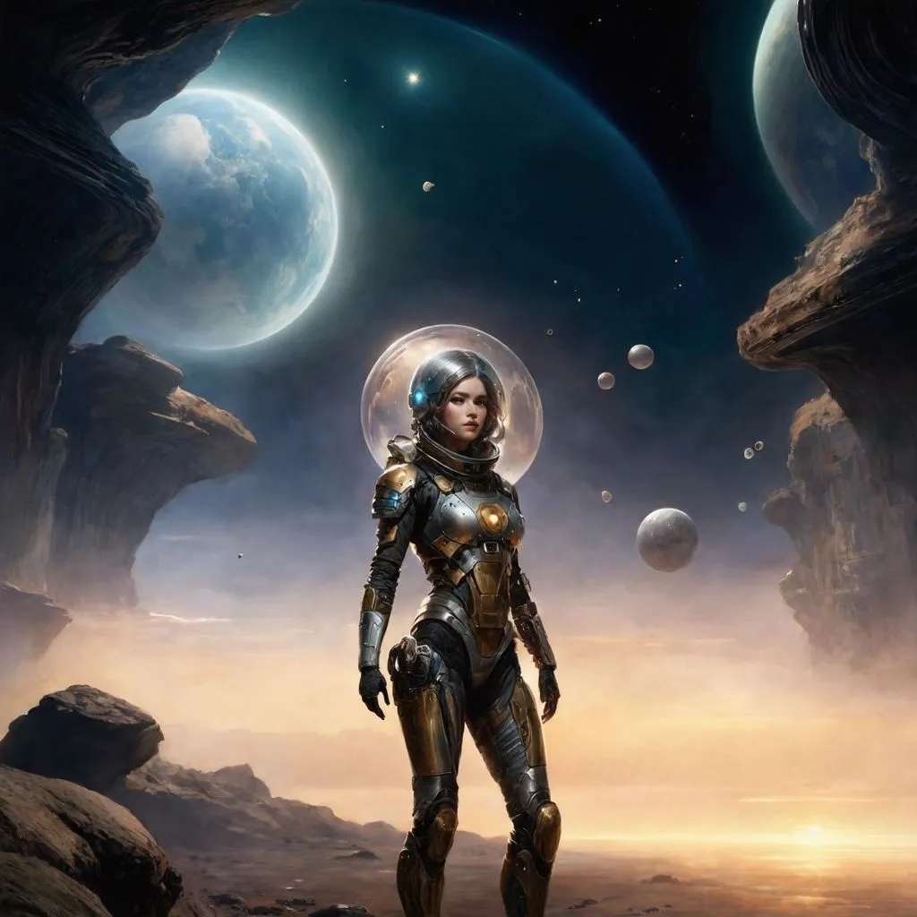Prompt: ↑ ★★★★☆ ✦✦✦✦✦, Firefly bacteria ghostly glow armour spacesuit on the surface of Europa, poster art by Magali Villeneuve, featured on cgsociety, space art, reimagined by industrial light and magic, official art, taschen
