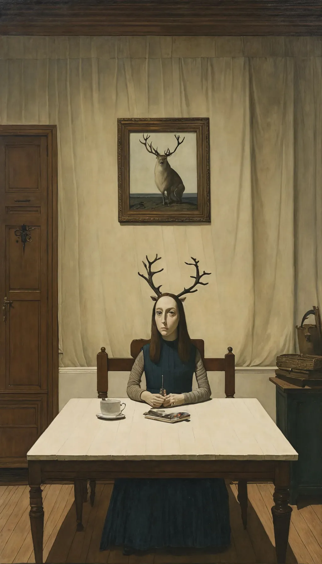 Prompt: chris van allsburg, beware the ides of march, manly, conceptual art, in this ominous scene, a painting of a woman sitting at a table, inspired by Mattias Adolfssoni, a magazine cover for stag