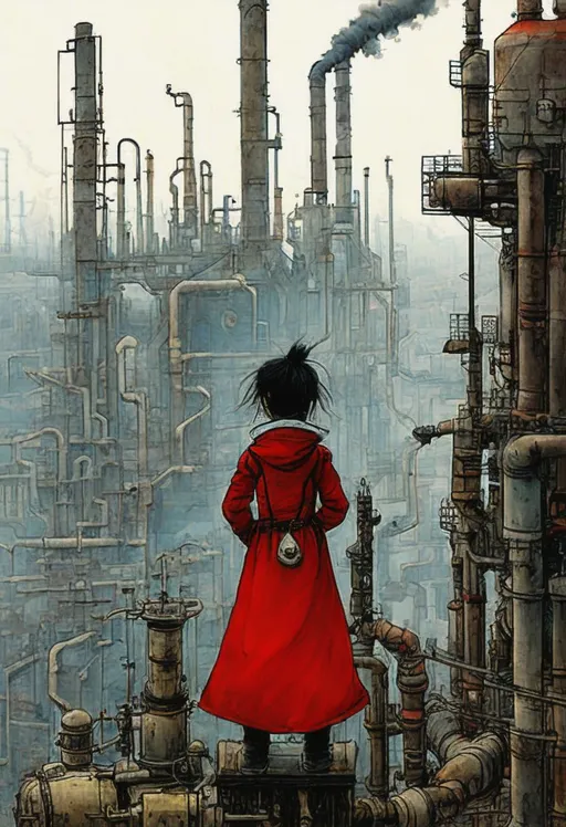 Prompt: a drawing of a girl standing on top of a building, dressed as a scavenger, industrial steam, the red citadel, panoramic view of girl, art by Sergio Aragones