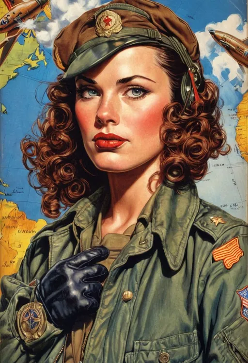 Prompt: World war 2 female air force captain, pilot cap, gloves, highly-detailed symetric face art by Brian Bolland and Gil Elvgren, taschen, TIFF