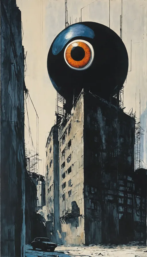 Prompt: menacing pose, crepax, a painting of a building with a giant eyeball on top of it