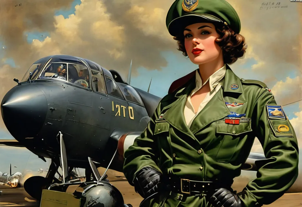 Prompt: World war 2 female air force captain, pilot cap, mini skirt, gloves, art by Brian Bolland and Gil Elvgren