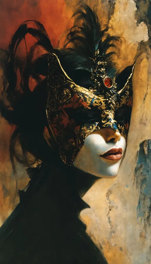 Prompt: centered, a woman wearing a venetian mask, symmetric face, by George Cruikshank, by Dave McKean, by Bob Eggleton, by Kevin Eastman,↑ ★★★★☆ ✦✦✦✦✦