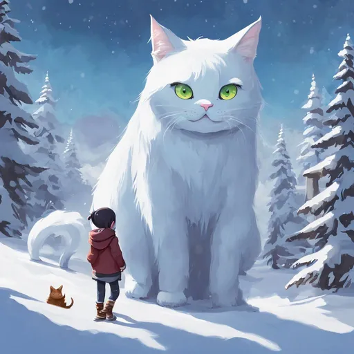 Prompt: a painting of a girl and a cat in the snow, concept art, by Miyazaki, giant cat monster, cory loftis, fuzzy ghost, great design