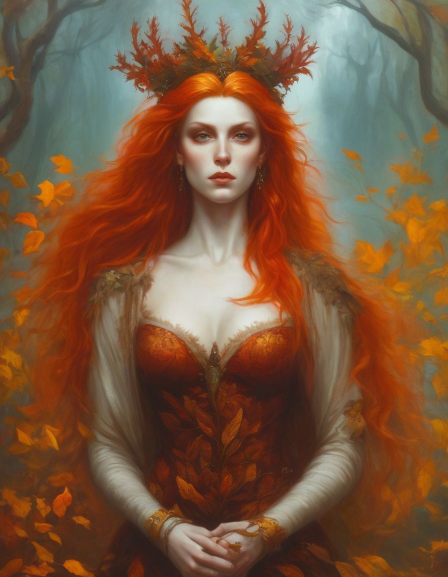 Prompt: epic picture of an autumn eladrin with red hair and a leaf crown in the style of Gerald Brom, an oil on canvas painting, dark, Aestheticism, high detail, 8k resolution
