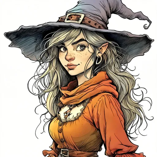 Prompt: a high detail cartoon picture of a beautiful young (female witch) by Sergio Aragones, lineart, coloured inkwash, humorous fantasy aesthetic, square image, centered, 32k huhd