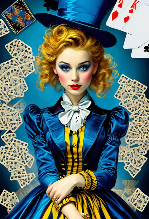 Prompt: Alice in Wonderland sitting on the ground surrounded by playing cards, blonde hair, stripy tights, blue dress, by Minerva J. Chapman, taschen, abstract illusionism, tarot card, quantum wavetracing, photo