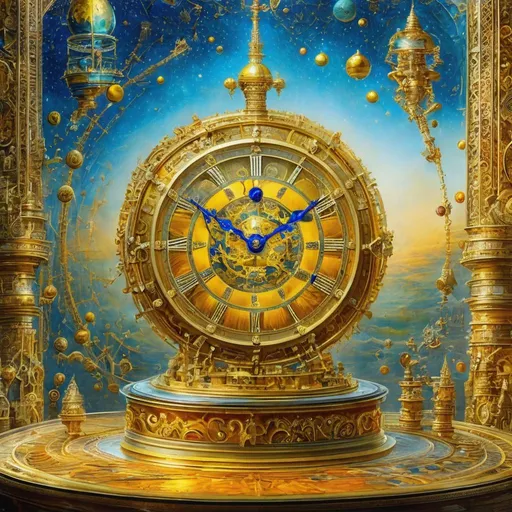 Prompt: a golden clock sitting on top of a table, an ultrafine detailed painting, fantasy art, sci-fi magic highly detailed, album art, mobile wallpaper, hyper detailed masterpiece