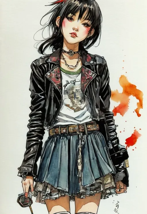 Prompt: a drawing of a japanese young j-pop idol girl wearing leather jacket, miniskirt, paul pope, pen and coloured inkwash, punk, TIFF
