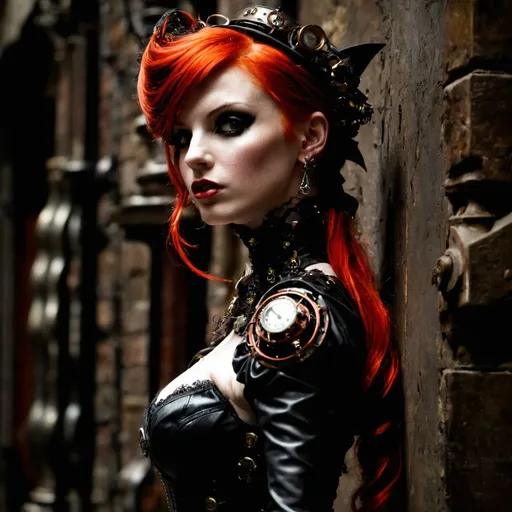 Prompt: a woman with red hair is leaning against a wall, steampunk. intricate, punk outfit. cute, heavenlydaemonic, mars black, taken in the late 2010s, spiraling design, deviant, dressed in a ragged, outfit photograph, sultry and beckoning, gaslight