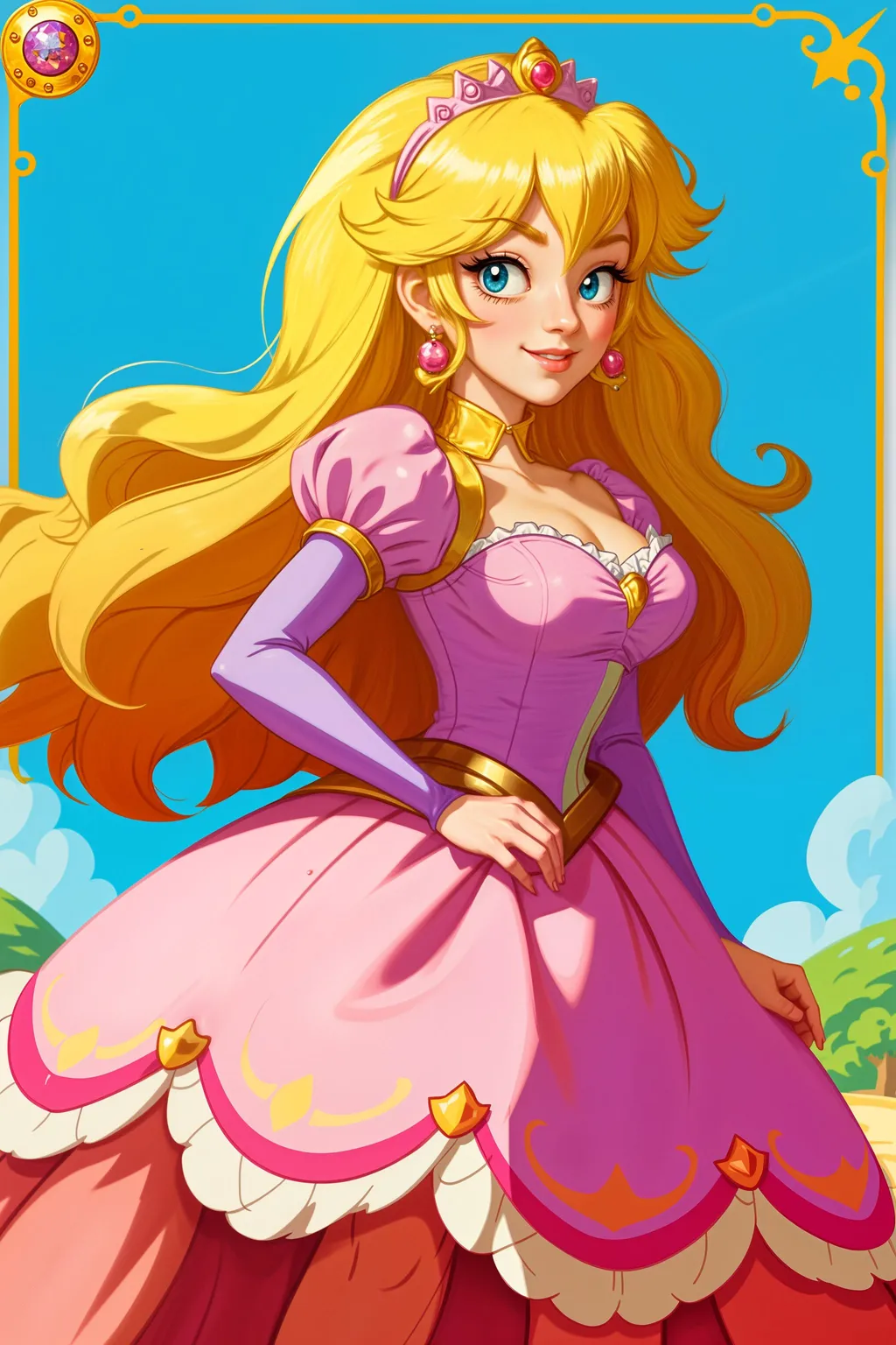 Prompt: highest quality, cartoon princess peach, animated film, cel shaded, #screenshotsaturday, #myportfolio, pixel perfect, contest winner, 32k huhd, pixiv, ultra sharp, highly detailed, trending on artforum