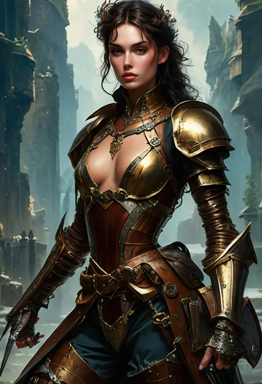 Prompt: stunningly beautiful woman knight, UHD. HDR. 8K. ((metal armour)). 1980s fantasy aesthetic, fantasy book cover, Full length. Full body, #screenshotsaturday, #myportfolio, pixel perfect, contest winner, 32k huhd