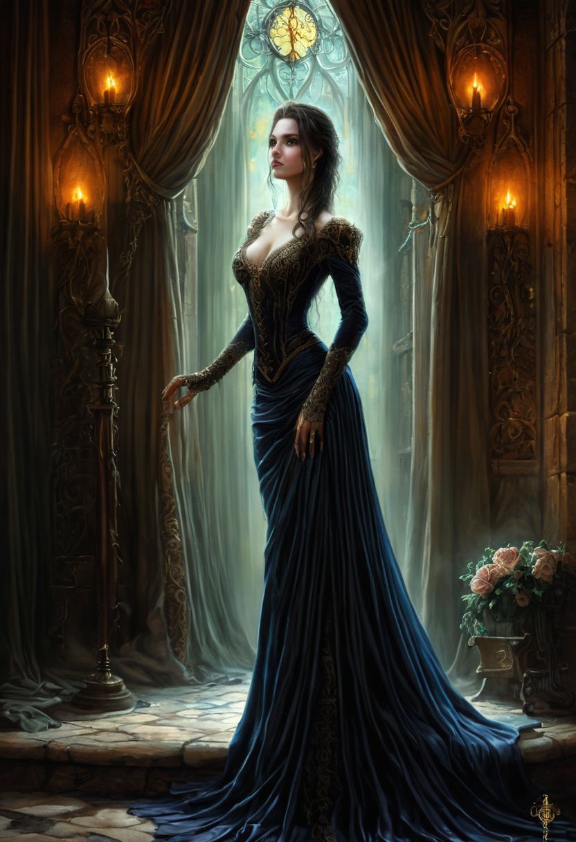 Prompt: inside a fantasy castle at night, a dark fantasy airbrush painting by Jeff Easley, intricate, gothic, deviantart contest winner, official art, featured on amiami, promotional artwork, ↑ ★★★★☆ ✦✦✦✦✦