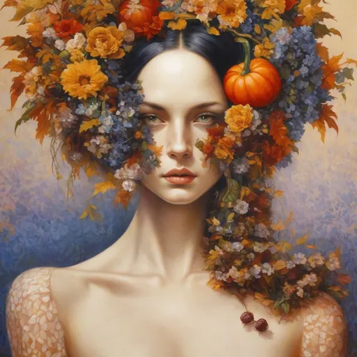 Prompt: fall inspired, in the style of sophie wilkins, irene sheri, naoto hattori, pointillist, chic, lush brushstrokes, 1970s